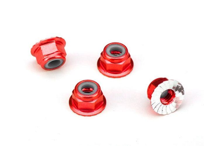 Traxxas 1747A Nuts Aluminum Flanged Serrated (4mm) (Red-Anodized) (4) - PowerHobby