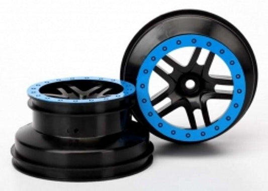 Traxxas 5884A SCT Split-Spoke Black Wheels, Blue Beadlock-Style (2) - PowerHobby