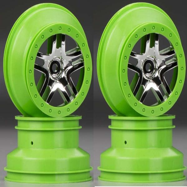 Traxxas 6872X Wheels Split-Spoke Chrome Green Beadlock (4) Slash 4X4 - PowerHobby