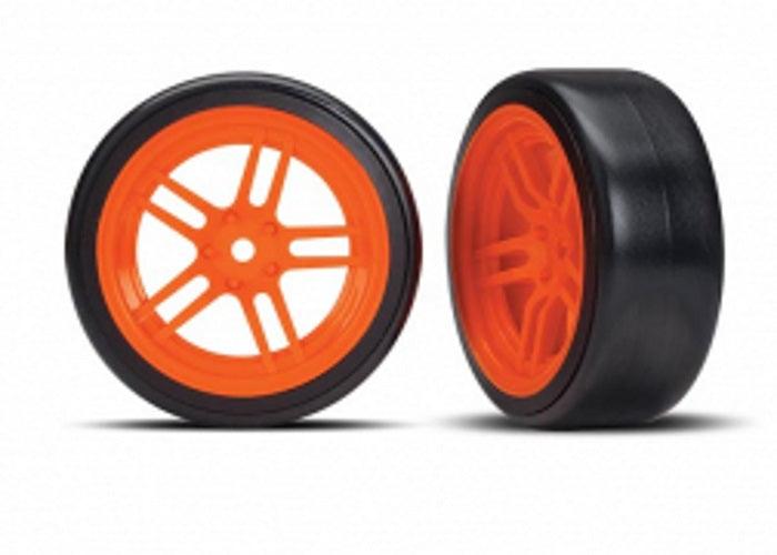 Traxxas Tire & Wheel Glued (Split-Spoke Orange Wheels, 1.9" Drift Tires) Front - PowerHobby