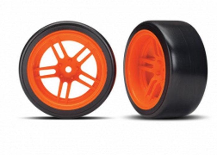 Traxxas Tire & Wheel Glued (Split-Spoke Orange Wheels, 1.9" Drift Tires) Rear - PowerHobby