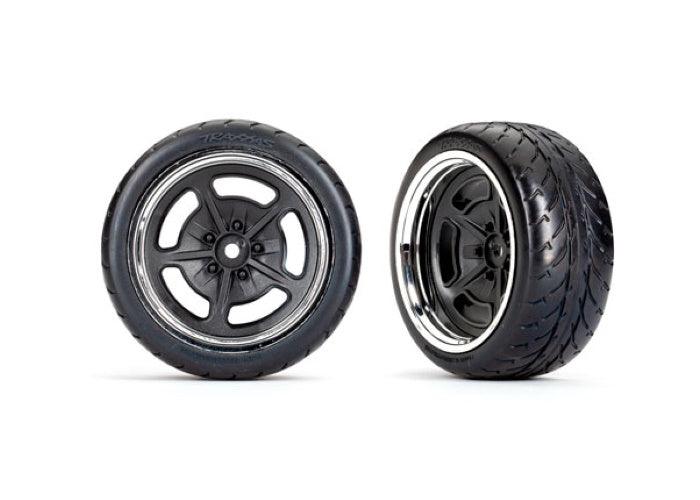 Traxxas 9373 Tires w/ Black/Chrome Wheels Assembled Glued (Extra Wide Rear) (2) - PowerHobby