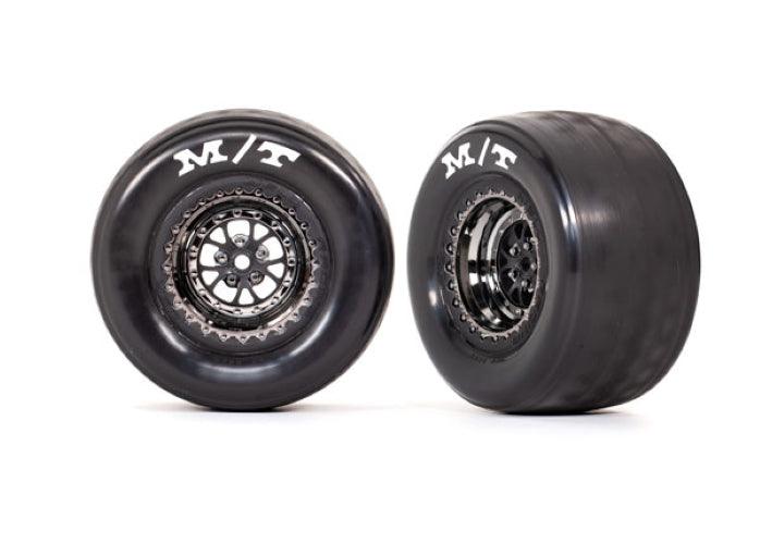 Traxxas Tires & wheels Assembled (Weld Black/Chrome Wheels Tires (2) Drag Slash - PowerHobby