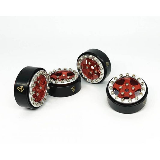 Treal 1.0" Aluminum B-Type Beadlock Wheels w/Brass Ring Silver/Red (4) - PowerHobby