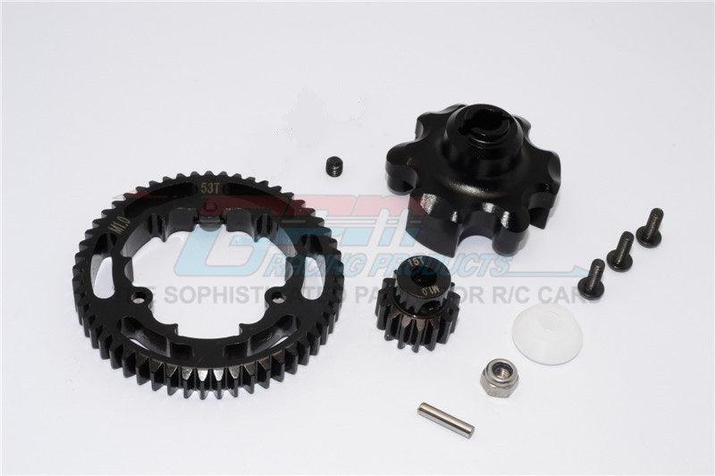 GPM ALUMINUM ADAPTER STEEL SPUR GEAR 53T MOTOR GEAR 15T TRAXXAS X-MAXX BLACK - PowerHobby