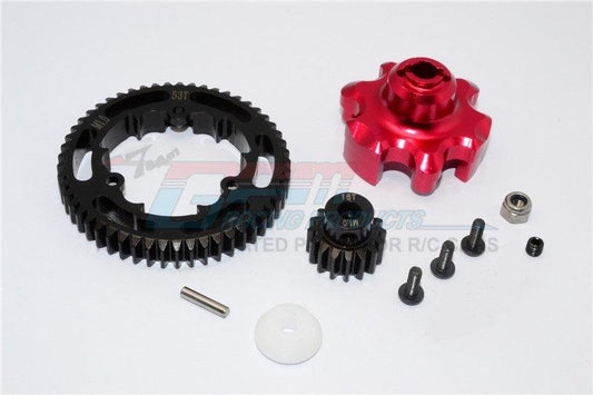 GPM ALUMINUM ADAPTER STEEL SPUR GEAR 53T MOTOR GEAR 16T TRAXXAS X-MAXX RED - PowerHobby