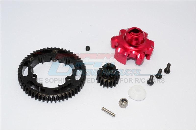 GPM ALUMINUM ADAPTER STEEL SPUR GEAR 53T MOTOR GEAR 17T TRAXXAS X-MAXX RED - PowerHobby