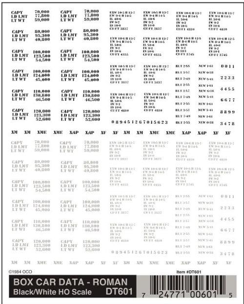 Woodland Scenics DT601 HO Box Car Data Roman Black/White Decal (1 Sheet) - PowerHobby